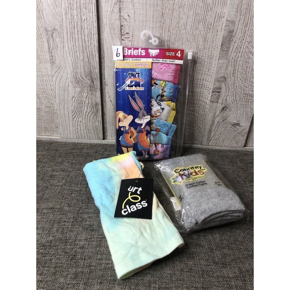Girls Mixed Lot Space Jam Underwear Cami Tie Dye Shirt & Gray Tights Size Small